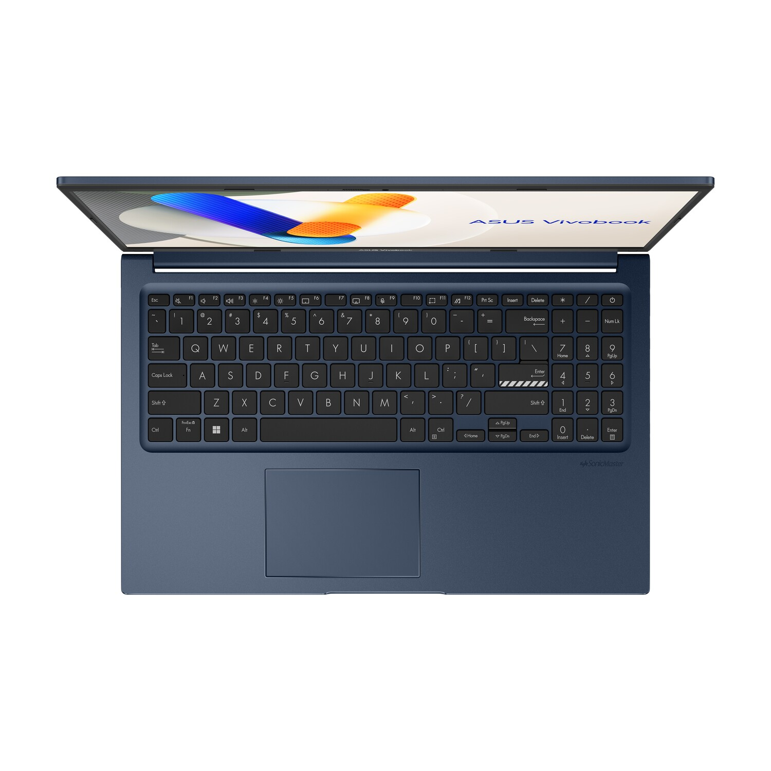 Blue ASUS Vivobook laptop, top view. Keyboard is visible with letters and numbers. Screen displays abstract design.