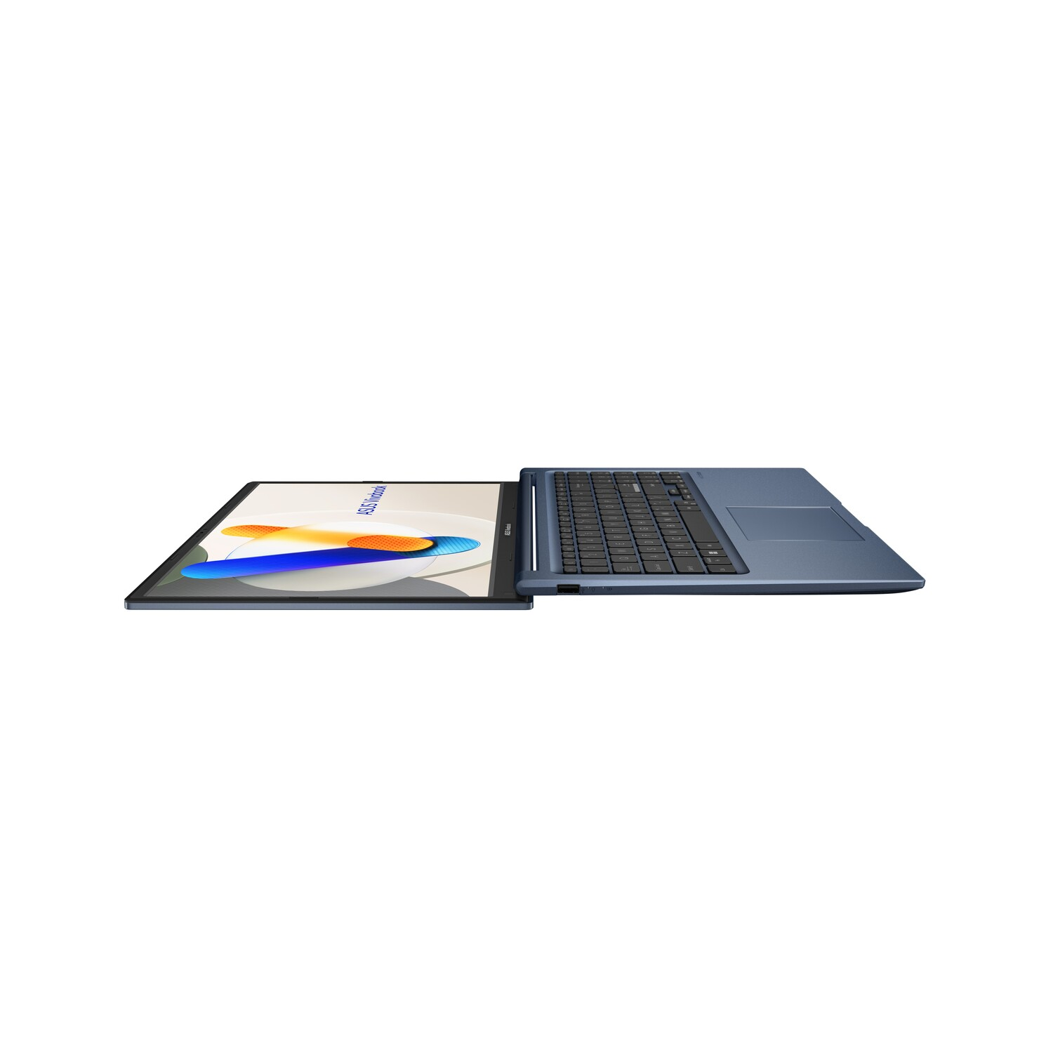 A blue laptop is open, showing the keyboard and screen. The screen displays a colorful abstract design. The background is white.