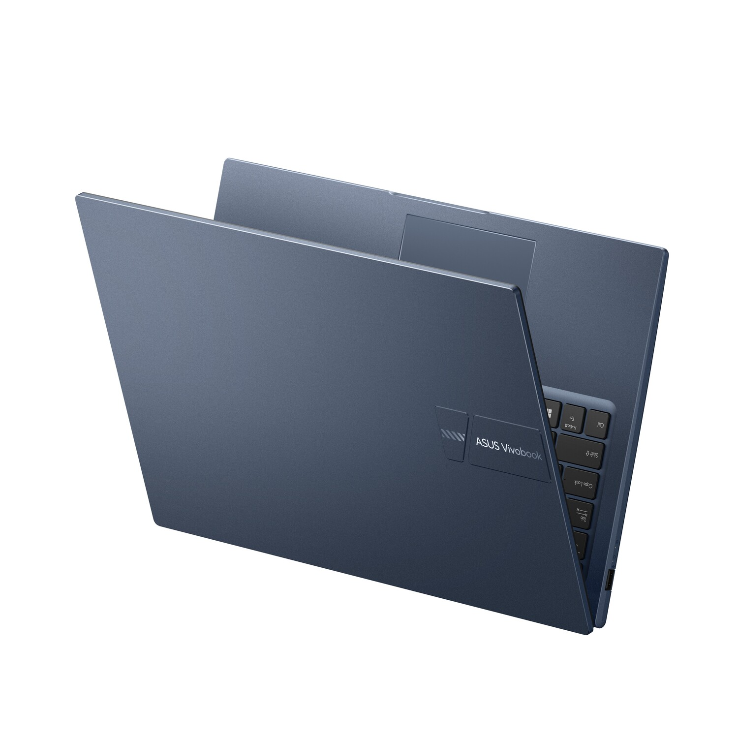 A blue ASUS Vivobook laptop, partially open, angled to the viewer. Keyboard visible. White background.