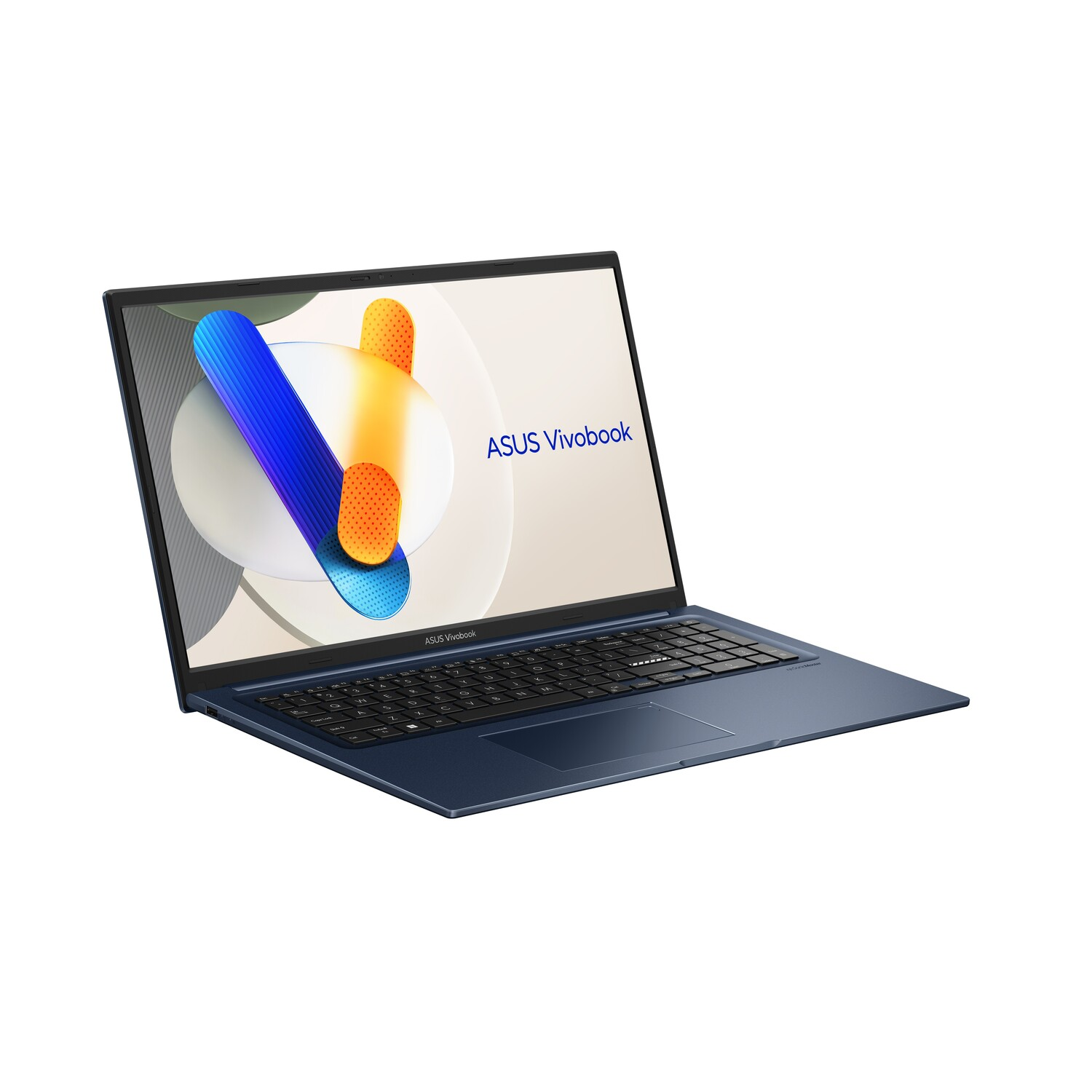 A blue ASUS Vivobook laptop on a white background. The screen displays a colorful abstract design. The keyboard is black.