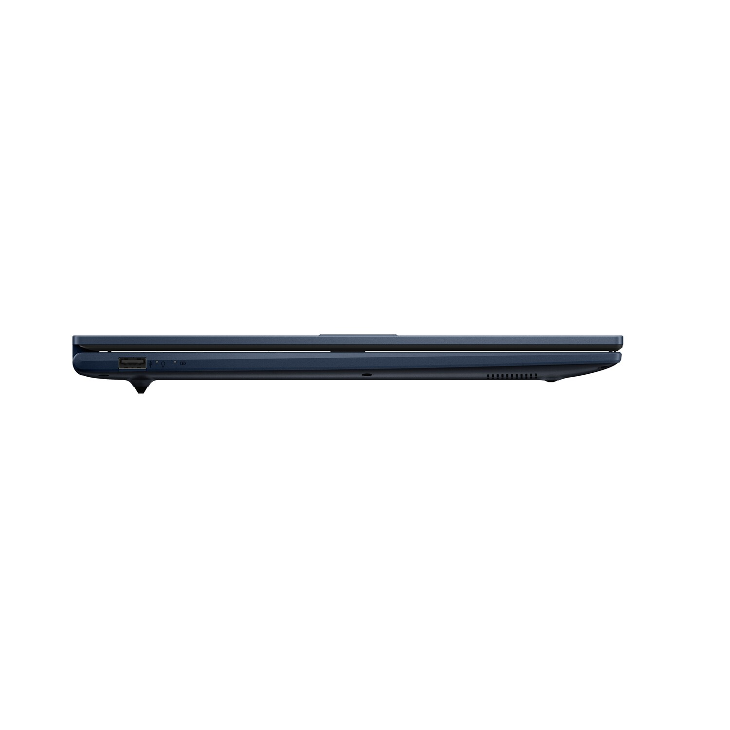 Side view of a dark blue laptop. USB and other ports are visible on the side. The laptop is closed and angled slightly.