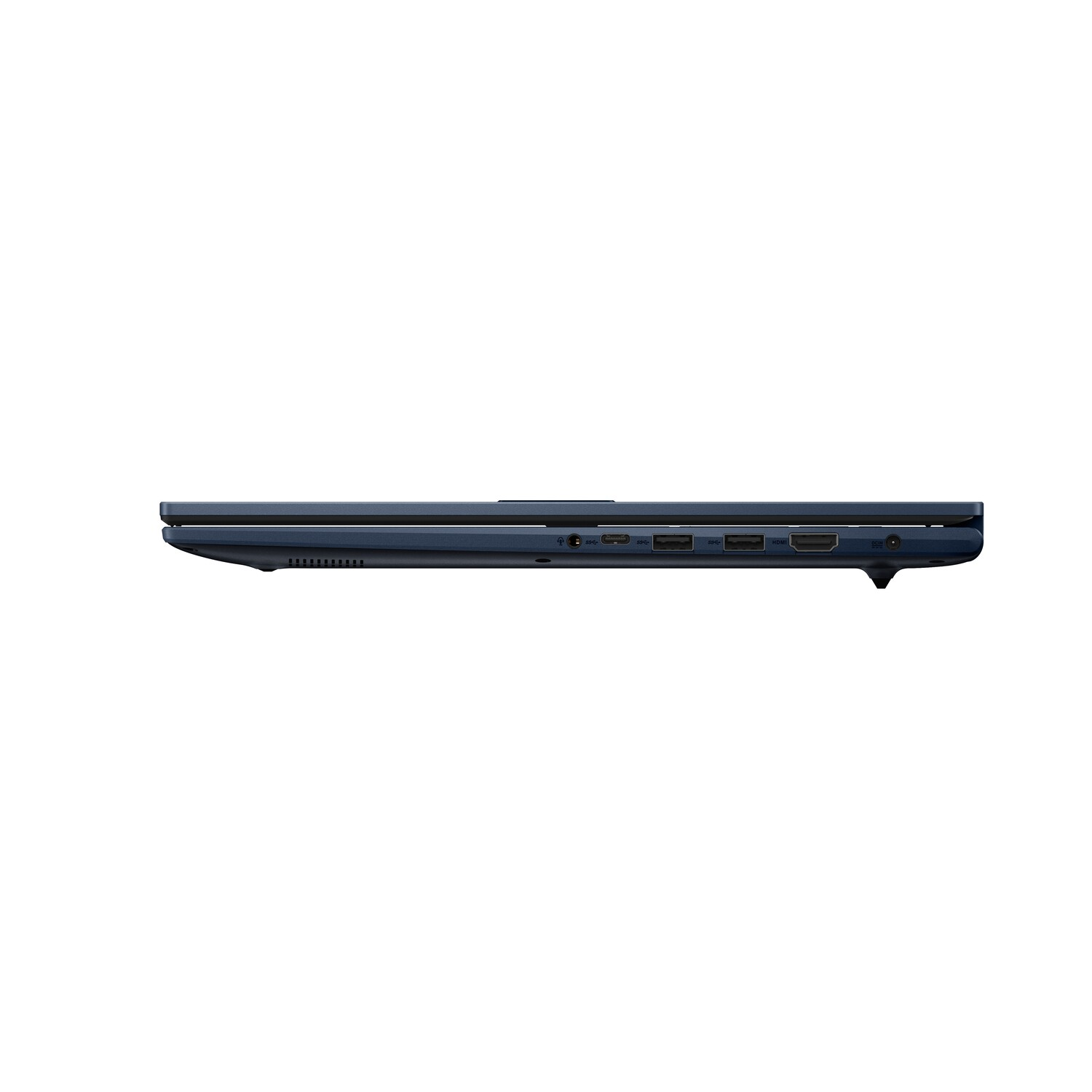 Side view of a blue laptop. Ports are visible: USB, HDMI, and others. The laptop is on a white background.