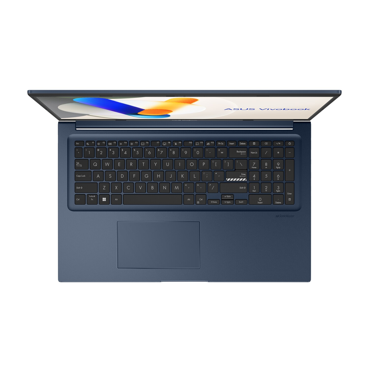 A dark blue Asus Vivobook laptop with keyboard and touchpad, slightly open, top view. The screen shows an abstract design.