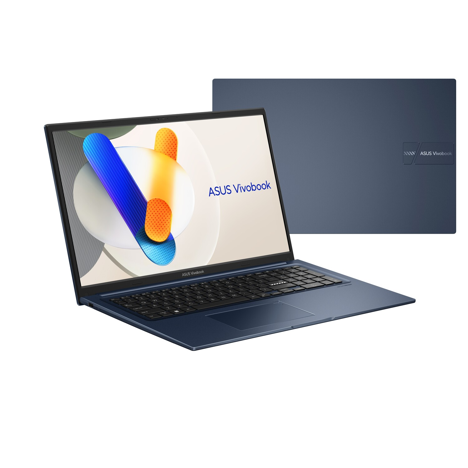 A blue ASUS Vivobook laptop is open, displaying a colorful graphic. The lid is visible behind it. The background is white.