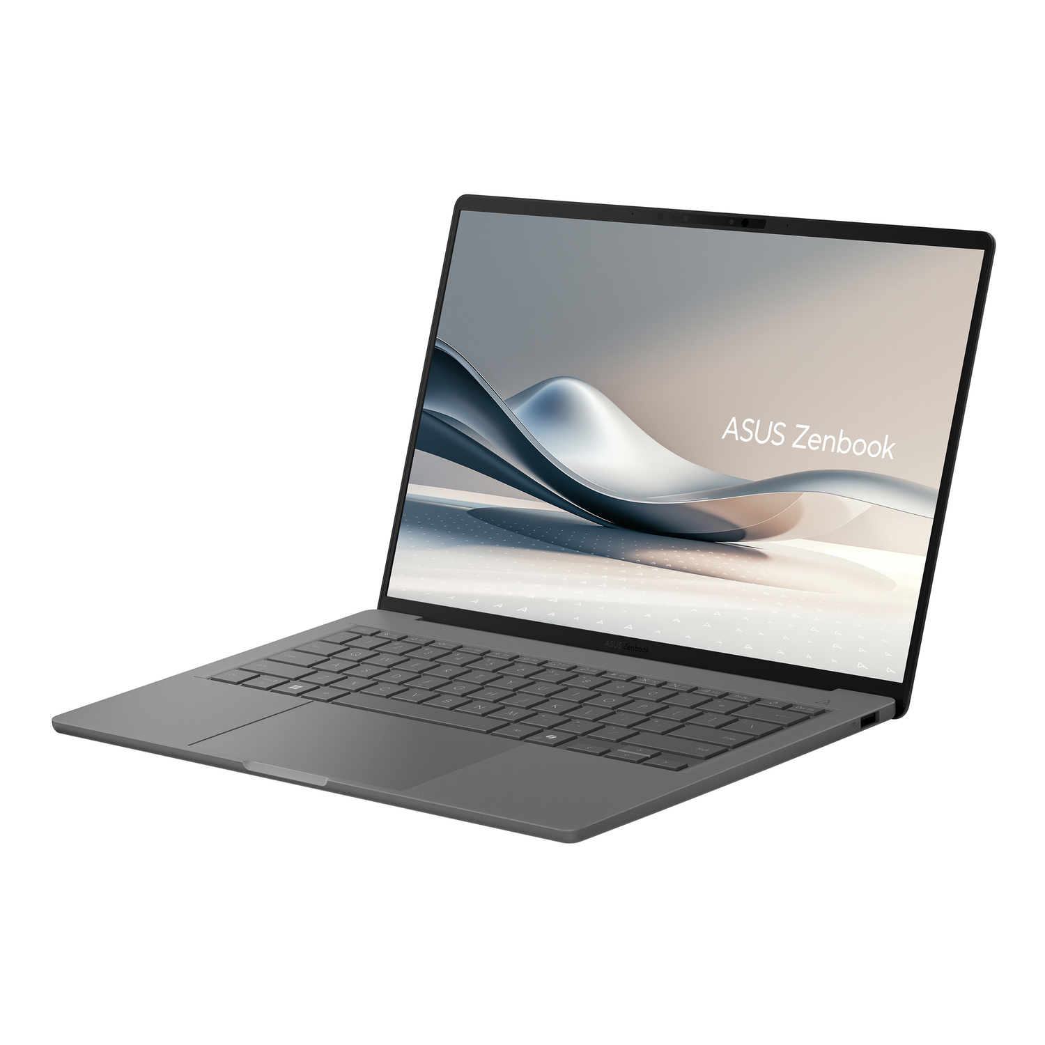 Un ordinateur portable ASUS Zenbook gris est affiché en biais. L'écran affiche un motif ondulé. Le clavier et le pavé tactile sont visibles.