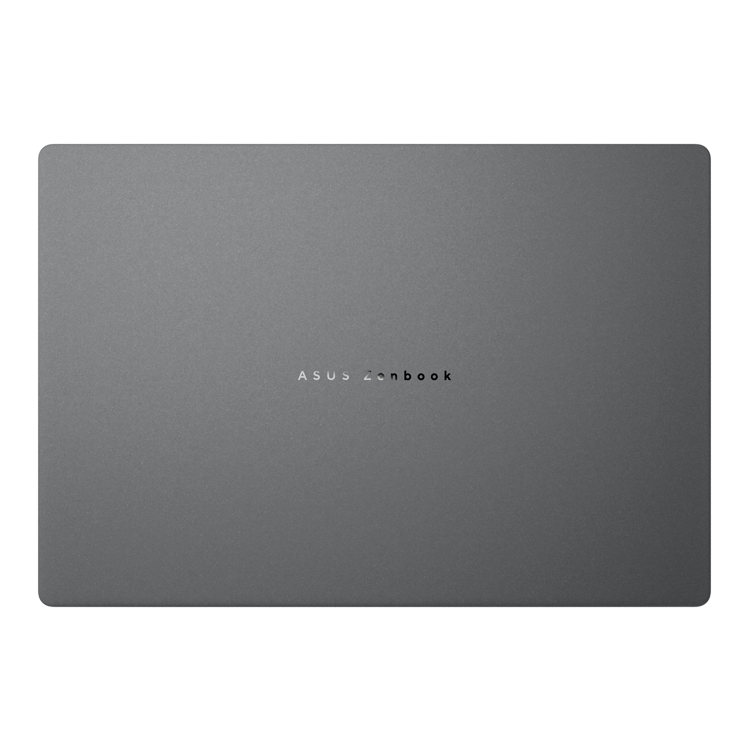 L'arrière d'un ordinateur portable ASUS Zenbook gris. Le nom de la marque est centré en haut. La surface est mate.