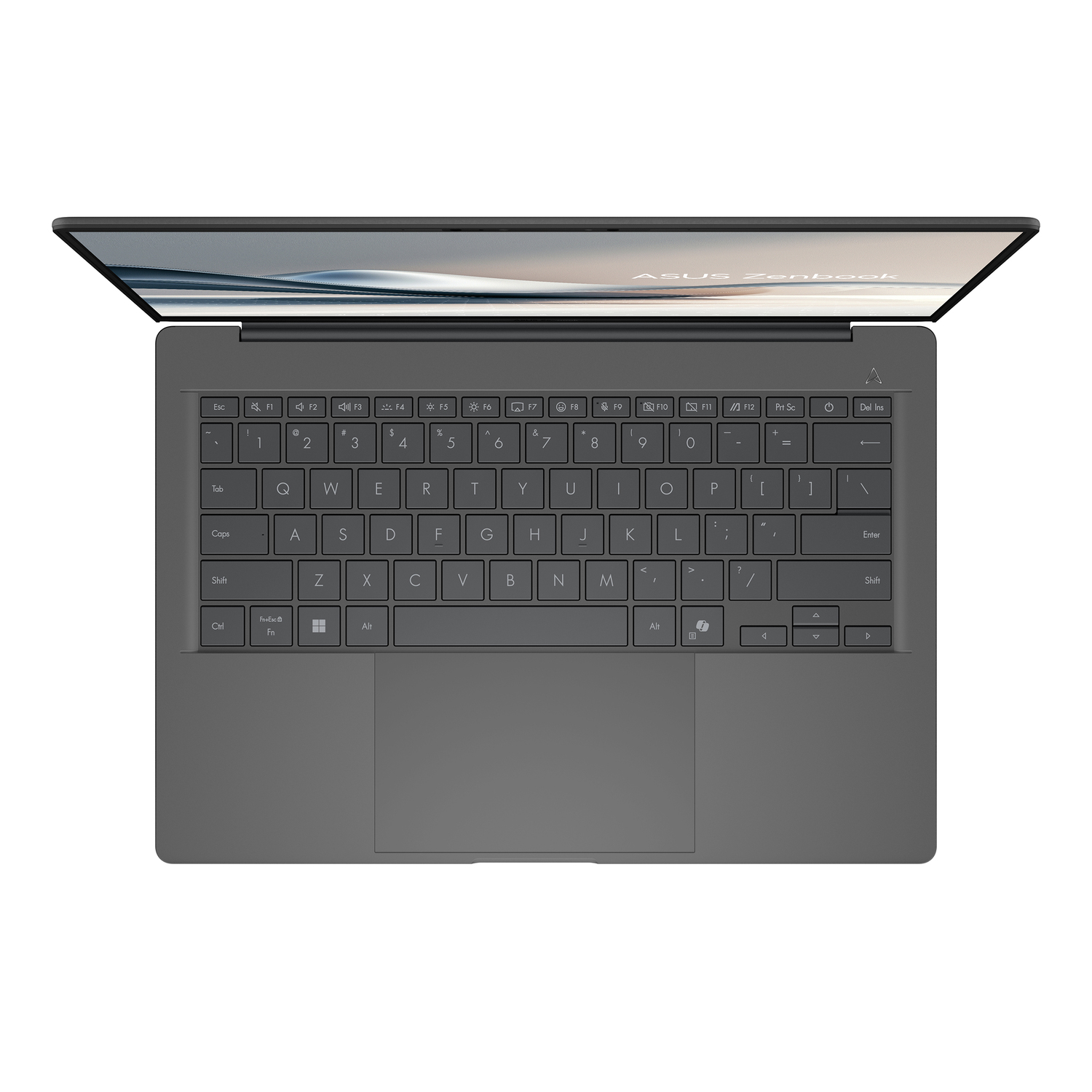 Un ordinateur portable gris est ouvert, montrant le clavier. L'écran est relevé et affiche un dégradé clair. Le logo ASUS Zenbook est visible.