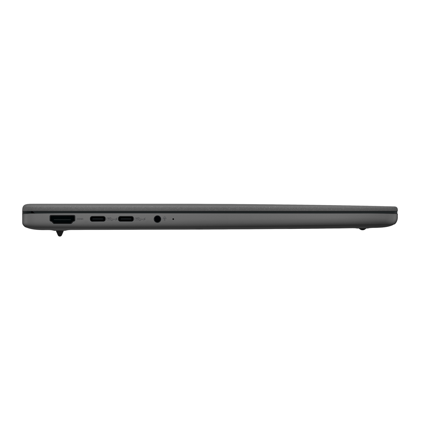 Vue latérale d'un ordinateur portable gris foncé. Les ports incluent HDMI, USB-C et prise audio. L'ordinateur portable est sur fond blanc.