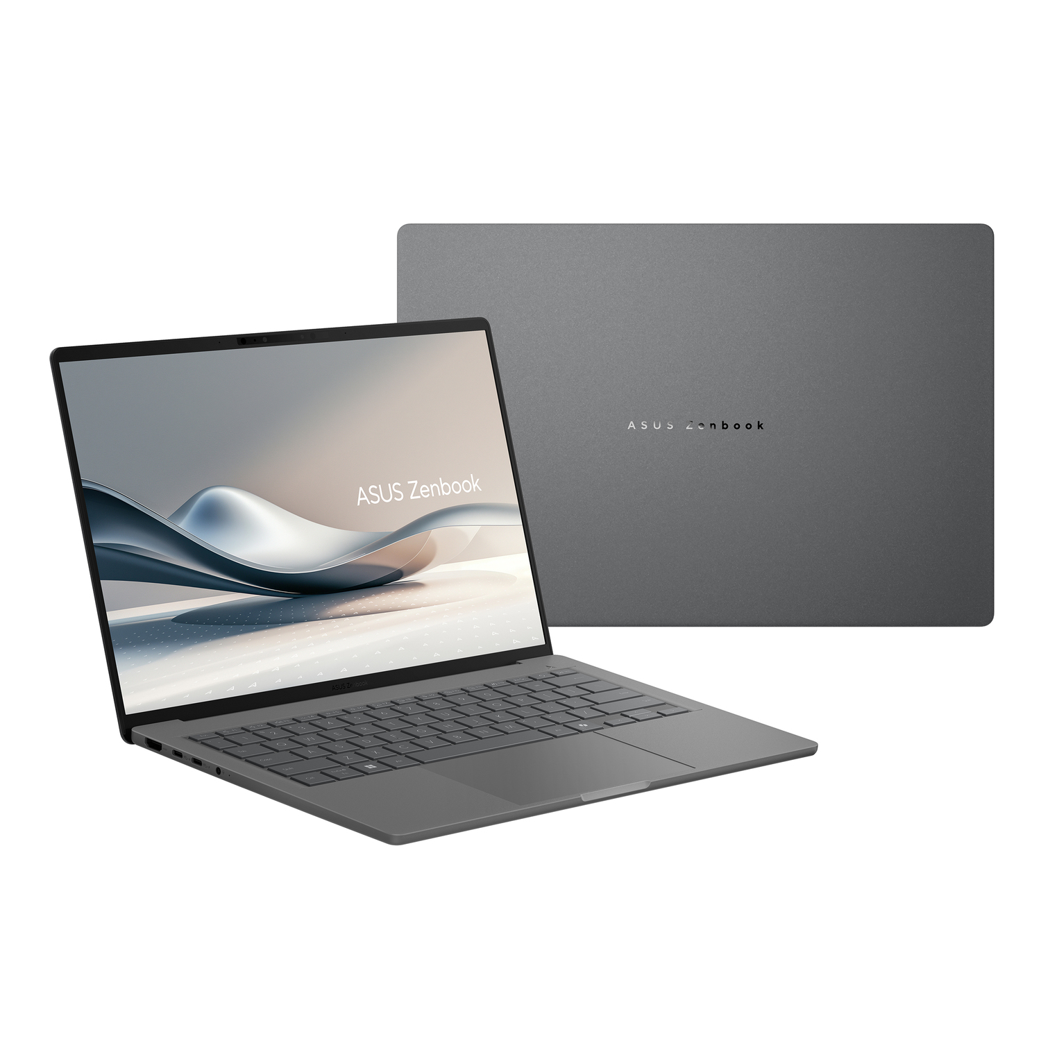 Un ordinateur portable ASUS Zenbook gris est affiché ouvert, montrant l'écran et le clavier. Un deuxième ordinateur portable, fermé, est derrière.