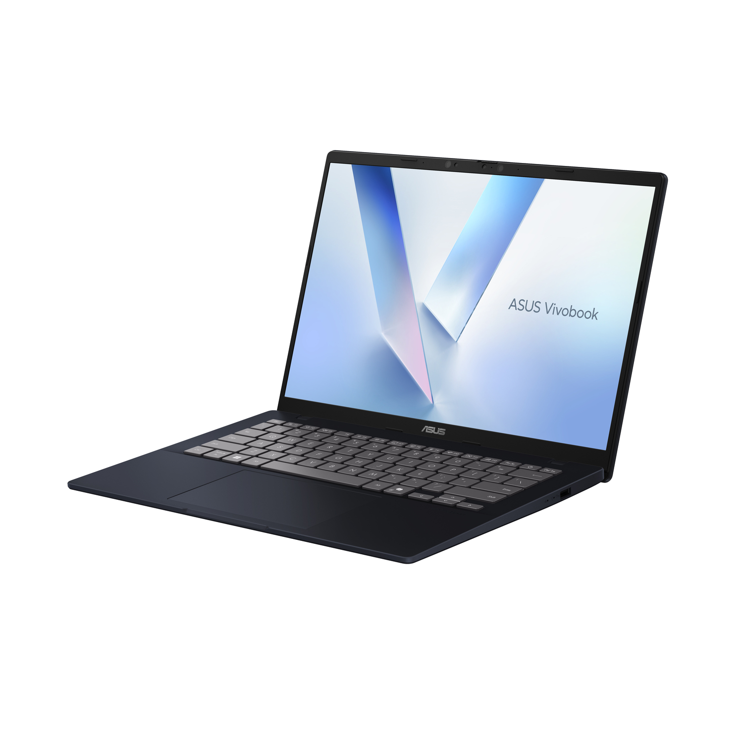 Un ordinateur portable ASUS Vivobook bleu foncé est ouvert, affichant une image abstraite bleu clair et blanche. Le clavier est visible.