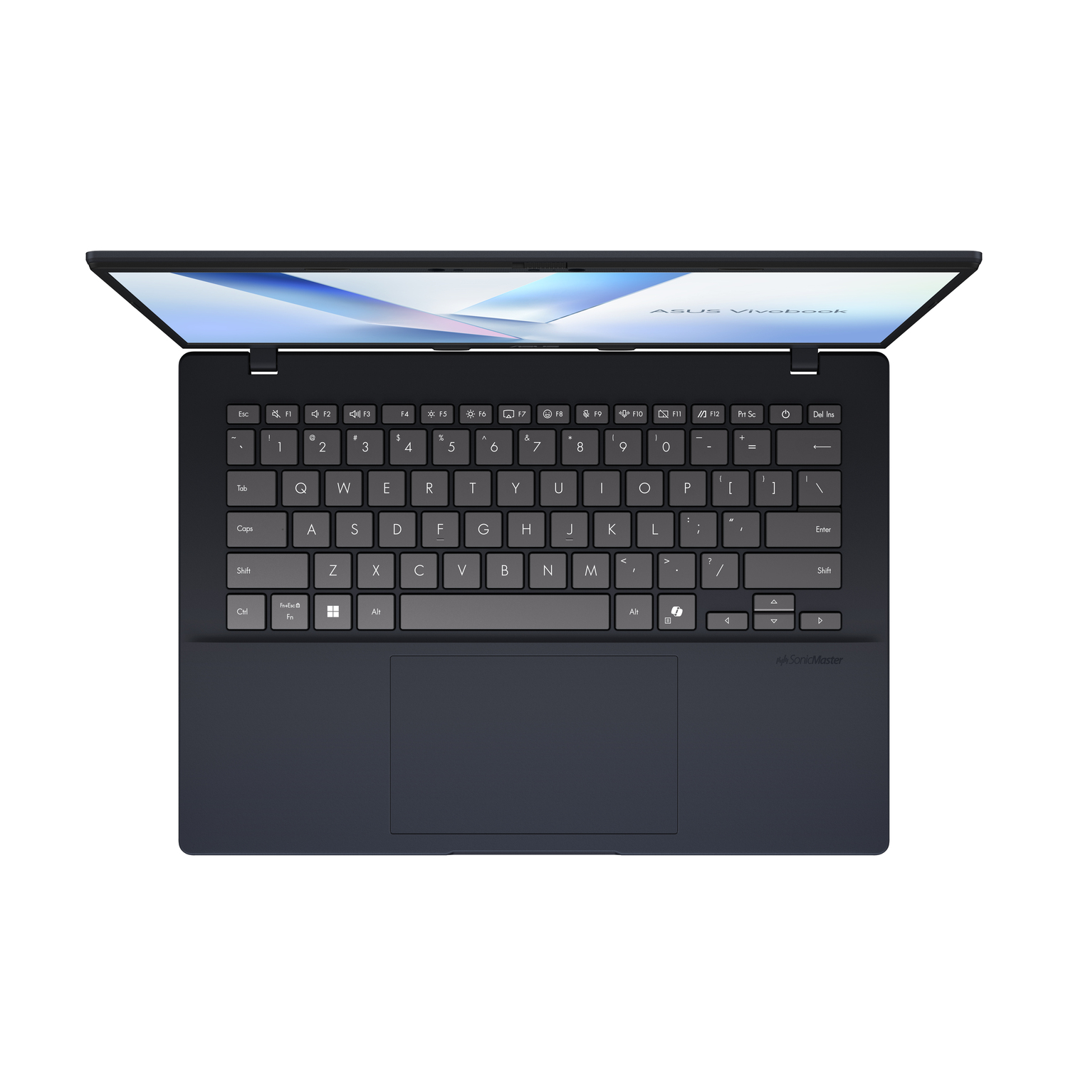 Un ordinateur portable Asus Vivobook bleu foncé est ouvert. Le clavier est visible et l'écran affiche le nom de la marque. Le fond est blanc.
