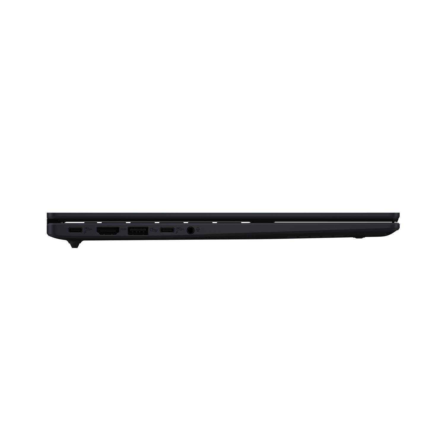 Vue latérale d'un ordinateur portable noir. Des ports comme HDMI, USB-C et audio sont visibles sur le bord.