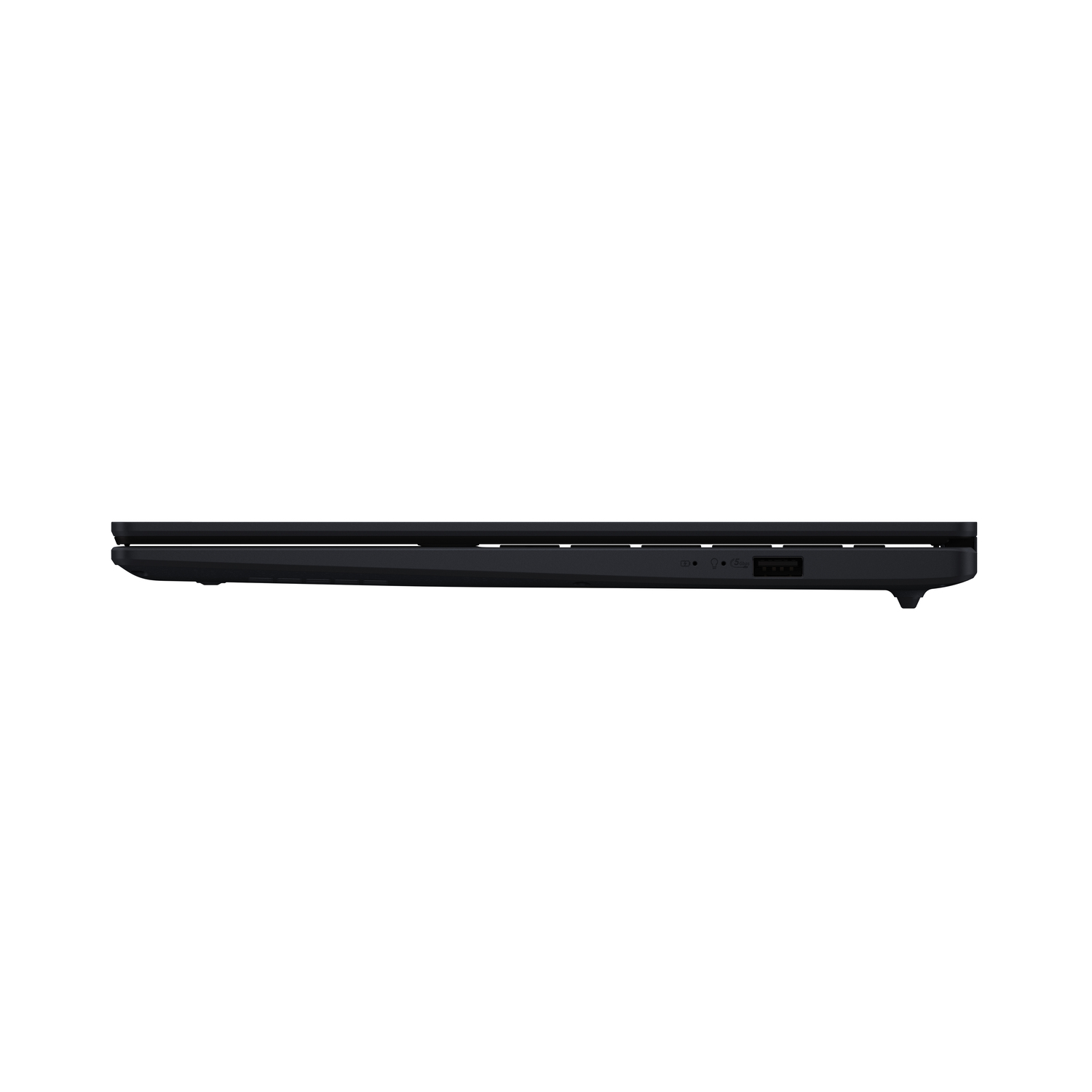 Vue latérale d'un ordinateur portable noir. Il est fermé, montrant le profil latéral avec des ports visibles sur fond blanc.