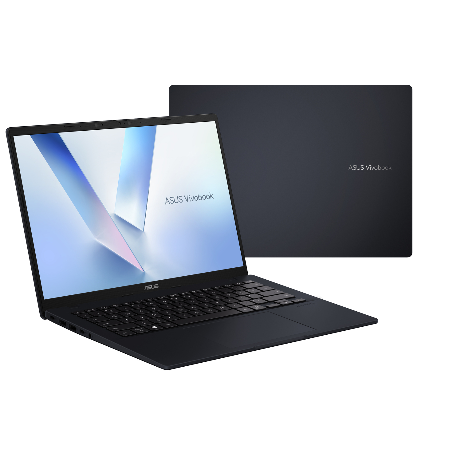 Ordinateur portable ASUS Vivobook noir, ouvert avec un écran bleu clair, et un ordinateur fermé derrière, fond blanc.