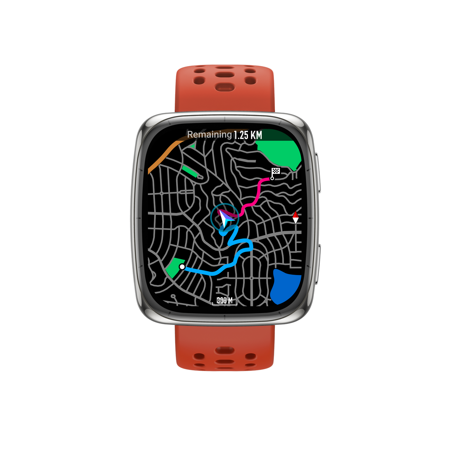 Reloj inteligente con correa naranja que muestra un mapa con una ruta azul, áreas verdes y una distancia restante de 1,25 km.