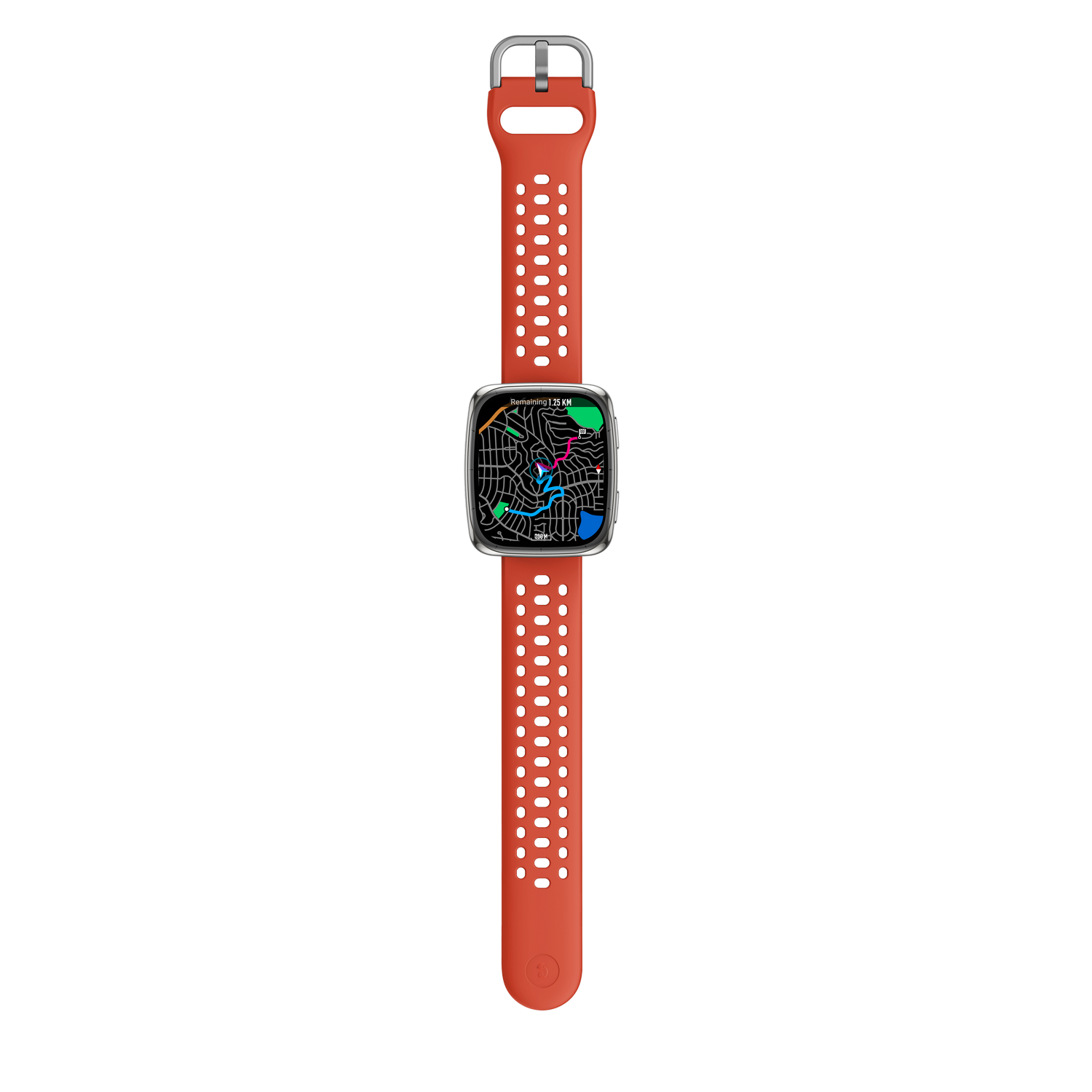 Un reloj inteligente con correa roja muestra un mapa. El fondo es gris. La esfera del reloj es plateada.