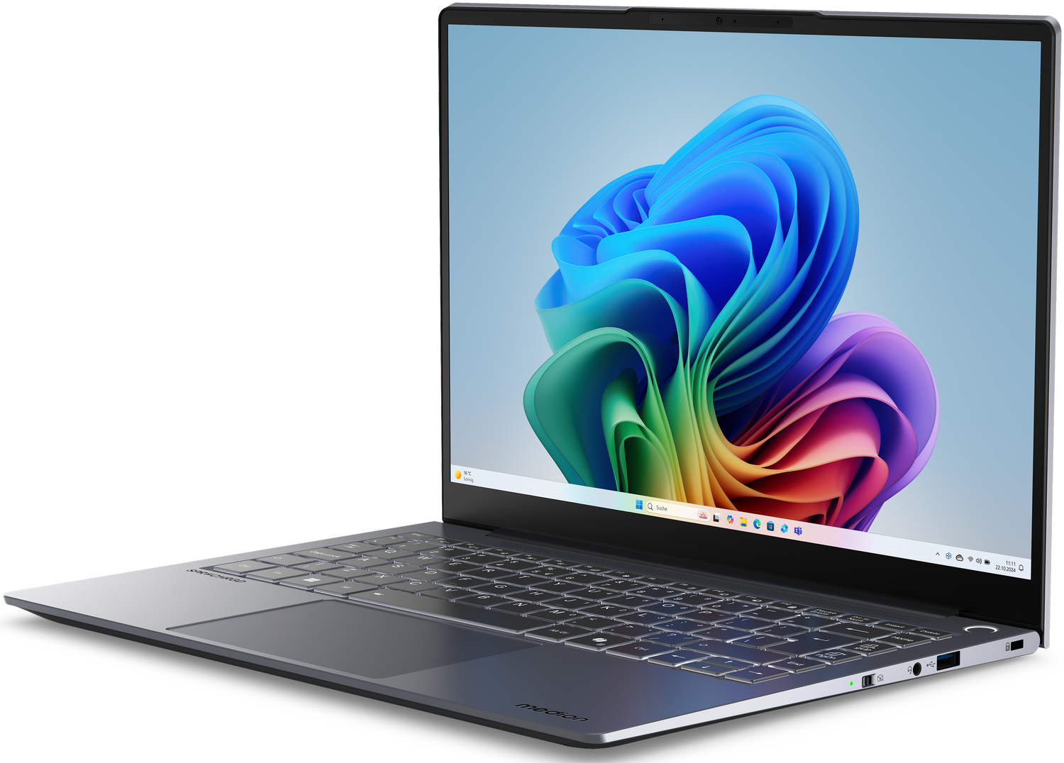 Una laptop con un fondo de pantalla abstracto y colorido está abierta. Se ve el teclado. La laptop es plateada y negra.