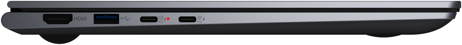 Vista lateral de un portátil. Puertos: HDMI, USB, USB-C e indicador de encendido.
