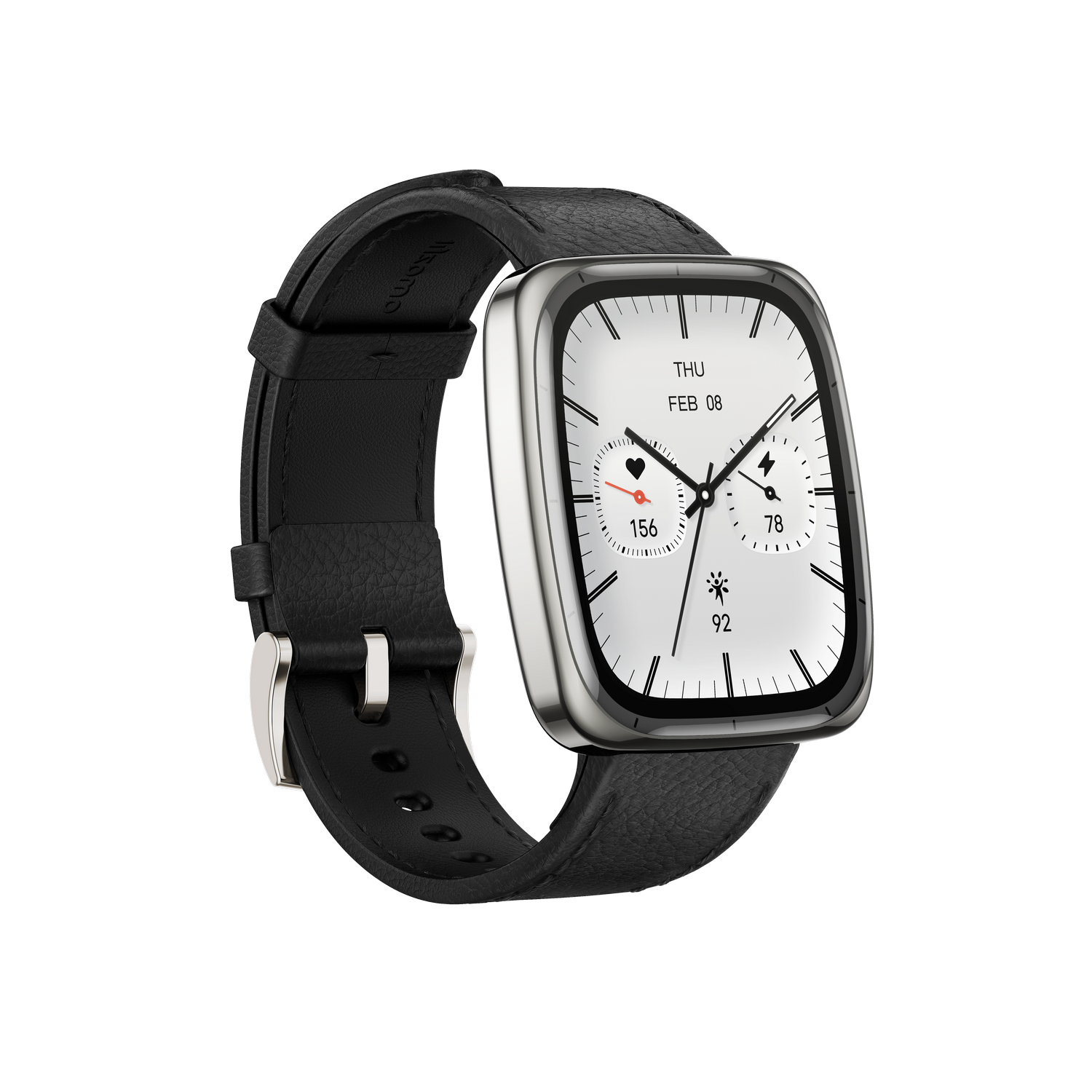 Un reloj inteligente plateado con correa de cuero negro. La esfera muestra hora, fecha, frecuencia cardíaca y otras métricas sobre fondo blanco.