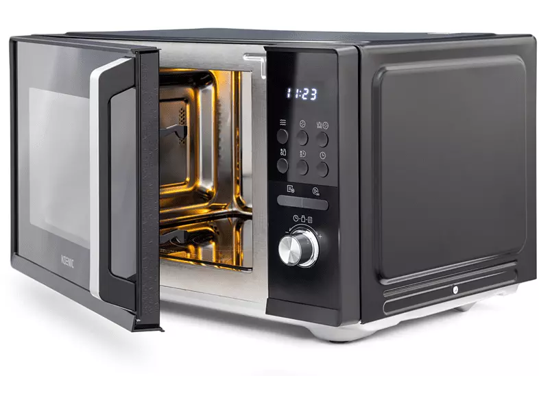 Czarna kuchenka mikrofalowa z otwartymi drzwiami. Widać wnętrze z wyświetlaczem timera. Czas to 11:23.