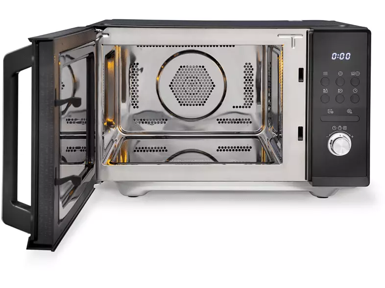 Kuchenka mikrofalowa z otwartymi drzwiami. Wnętrze ze stali nierdzewnej. Elementy sterujące po prawej.