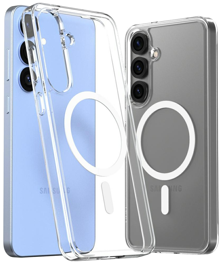 Dwa telefony w przezroczystych etui. Jeden jest jasnoniebieski z białym okręgiem, drugi szary z białym okręgiem.