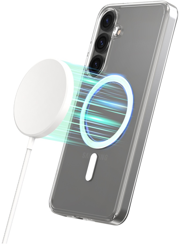 Przezroczyste etui na telefon z białą podkładką ładującą jest połączone z telefonem Samsung. Podkładka ma niebieską poświatę.