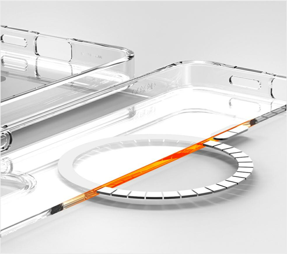Przezroczyste etui na telefon z magnetycznym pierścieniem, pomarańczową poświatą i segmentowanym białym okręgiem na białym tle.