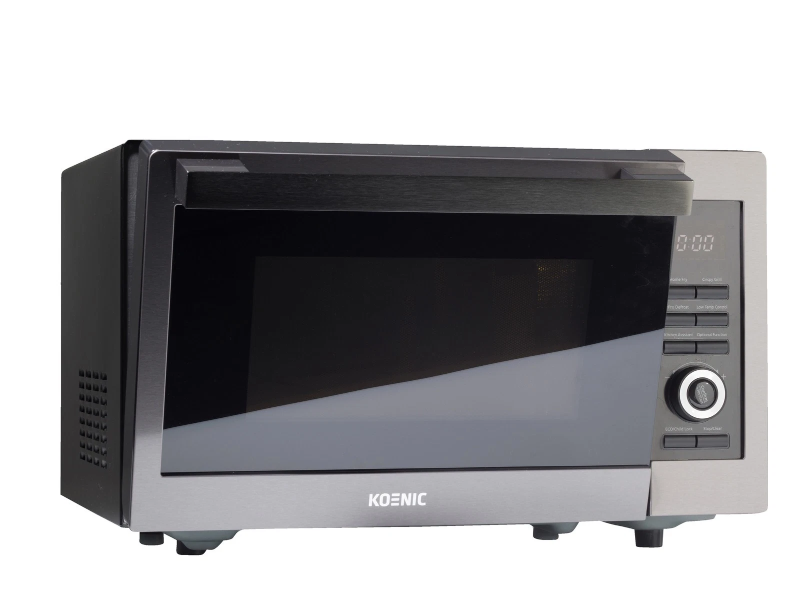 Srebrna i czarna kuchenka mikrofalowa Koenic. Ma cyfrowy wyświetlacz, przyciski sterowania i uchwyt. Drzwi są zamknięte.