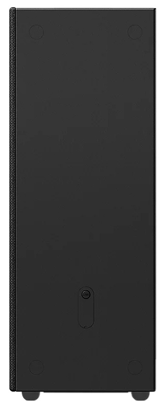 Czarny, prostokątny głośnik pokazany z tyłu, z czterema małymi nóżkami i zagłębioną sekcją z przyciskiem.