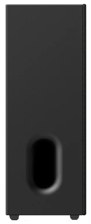 Czarny głośnik z dużym owalnym portem. Ma teksturowany bok i stoi na małych nóżkach.