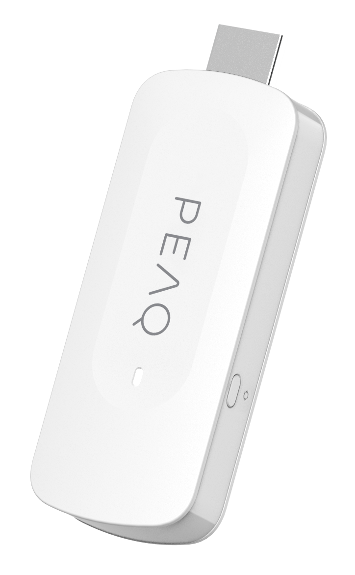 Białe urządzenie PEAQ z złączem USB-C. Posiada przycisk zasilania i małą diodę LED. Tło jest czarne.