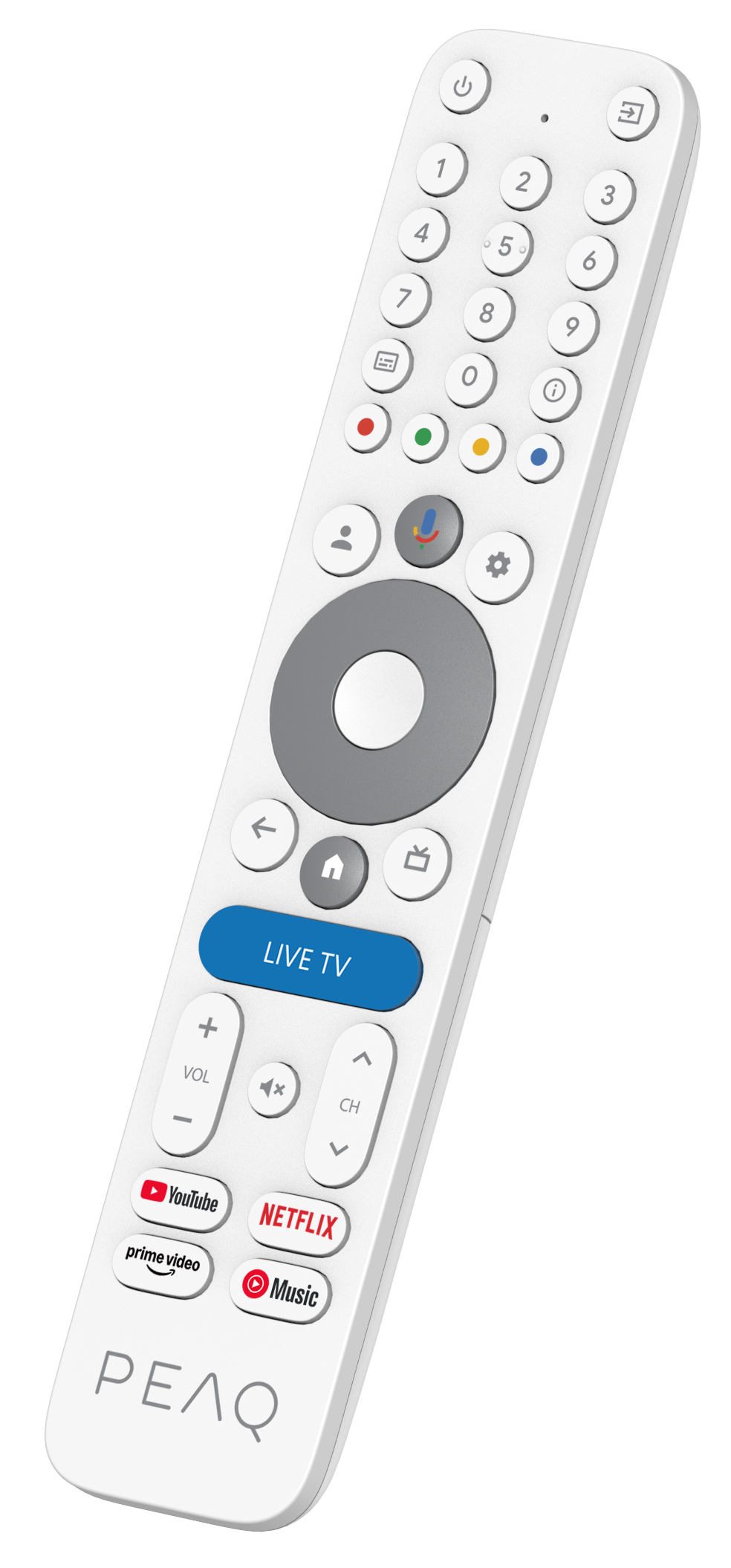 Biały pilot PEAQ z przyciskami do numerów, głośności, kanałów, YouTube, Netflix i Live TV. Tło jest czarne.