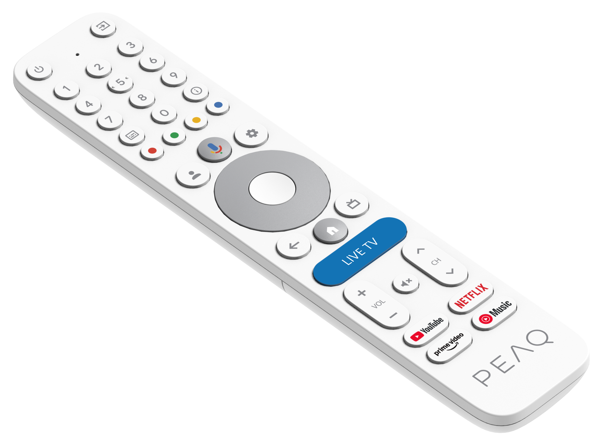 Biały pilot z różnymi przyciskami, w tym numerami, głośnością i skrótami do aplikacji, takich jak Netflix i YouTube.