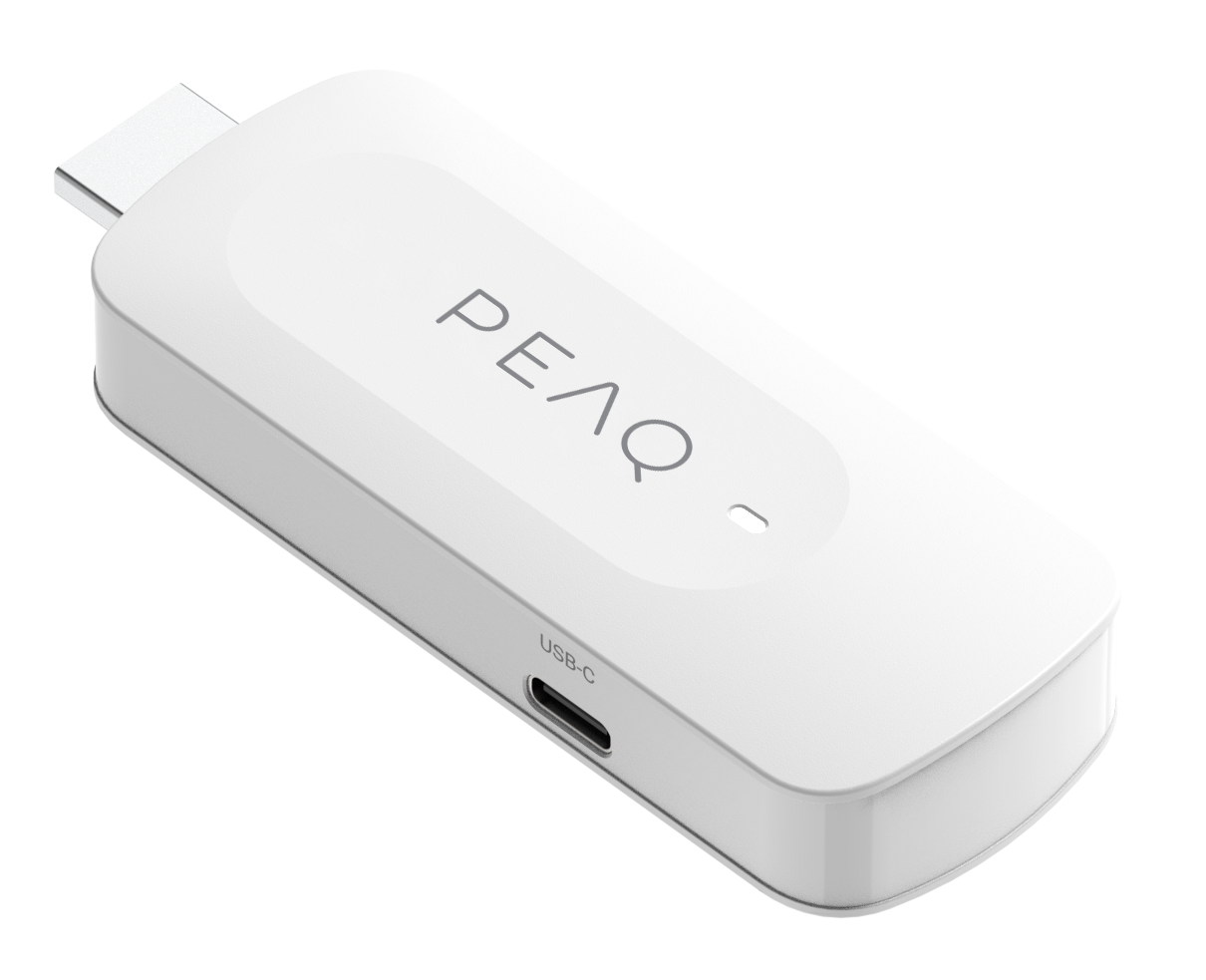 Białe prostokątne urządzenie z napisem PEAQ i portem USB-C. Złącze USB-C znajduje się na górze.