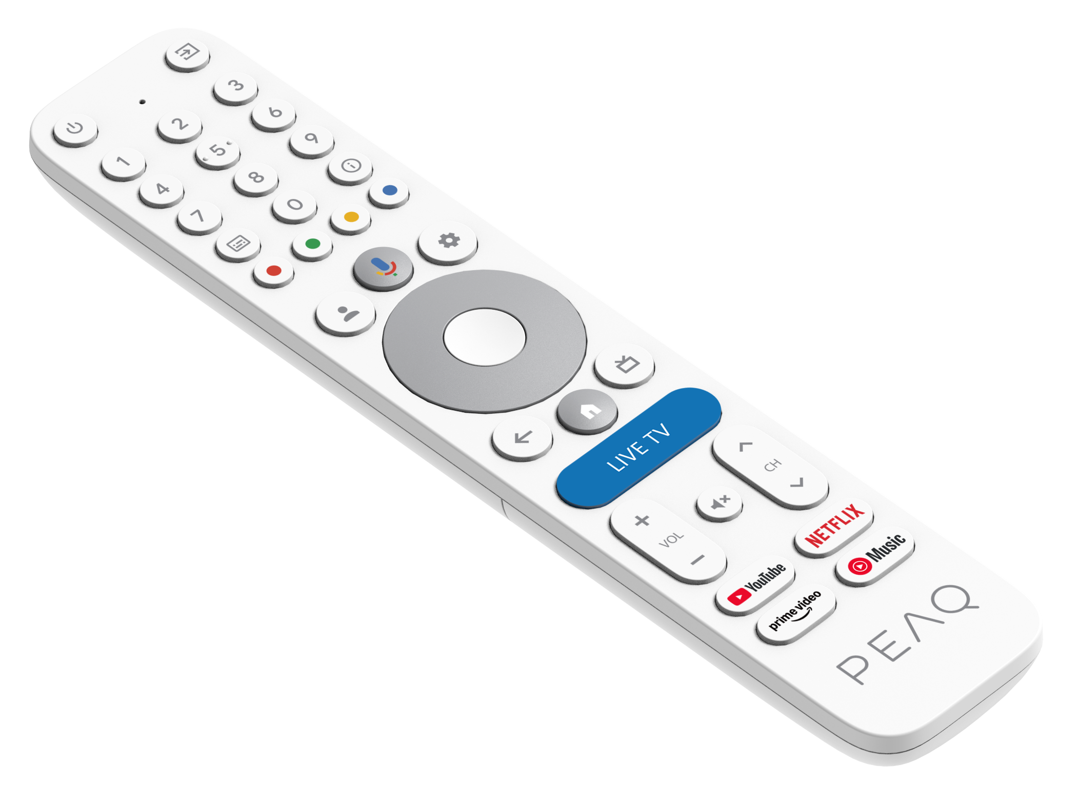 Biały pilot z wieloma przyciskami, w tym zasilanie, głośność, kanał i dostęp do aplikacji. Ma niebieski przycisk „Live TV” i ikony streamingu.