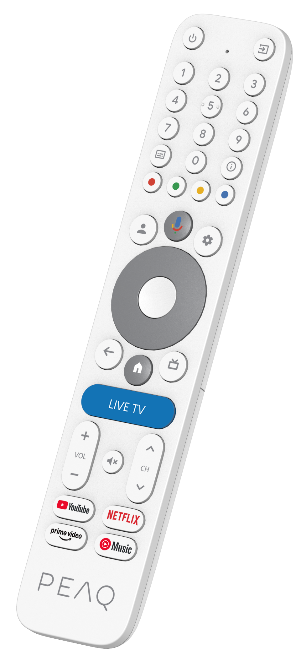 Biały pilot do telewizora z przyciskami, centralnym okrągłym panelem i ikonami aplikacji.