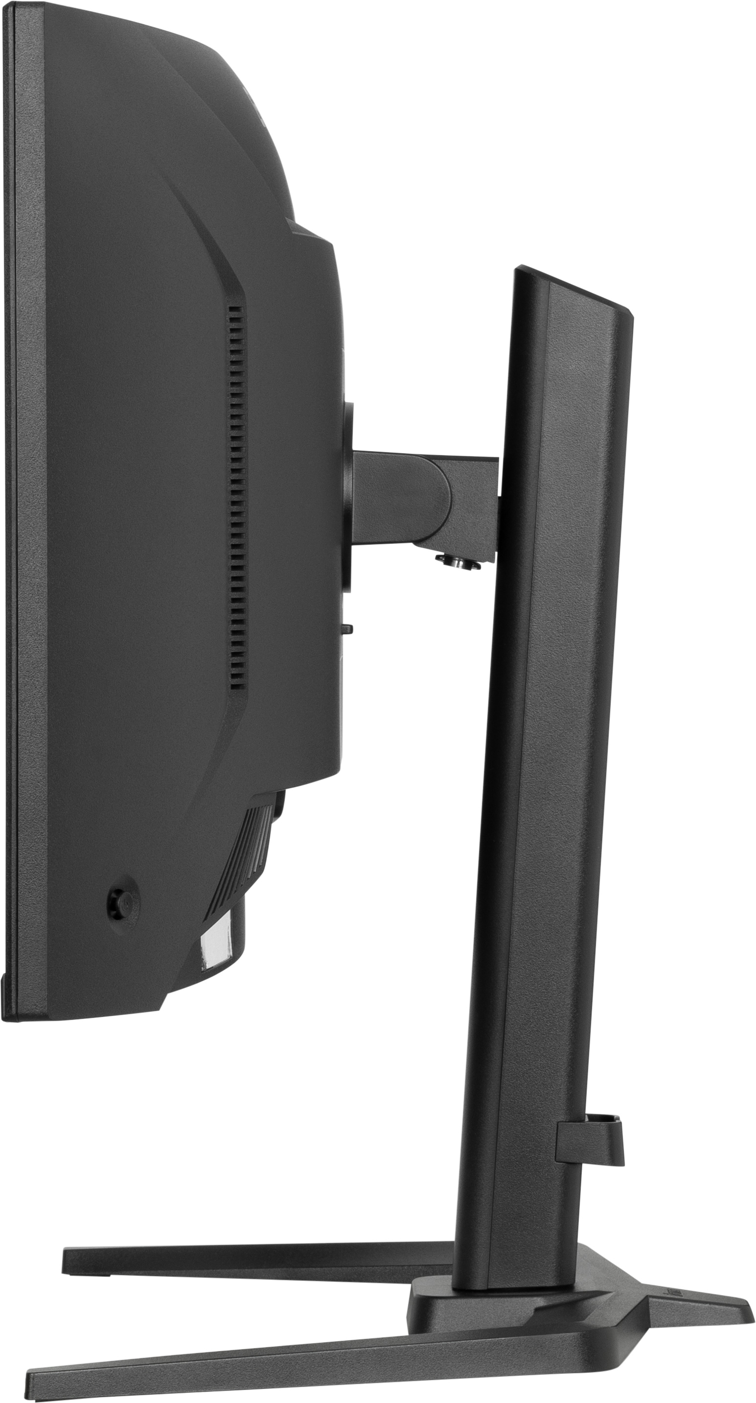 Widok z boku czarnego monitora komputerowego ze stojakiem. Ekran jest duży i prostokątny. Stojak jest solidny.