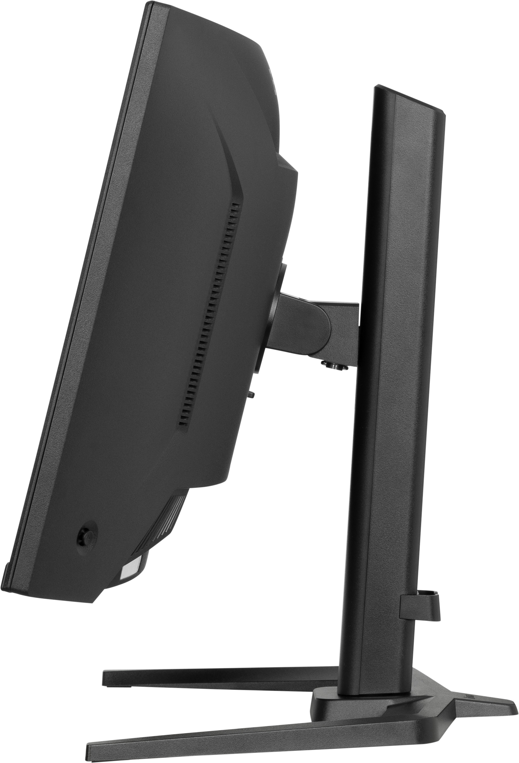 Czarny monitor komputera jest pokazany z boku. Jest na stojaku i lekko pochylony. Tło jest białe.