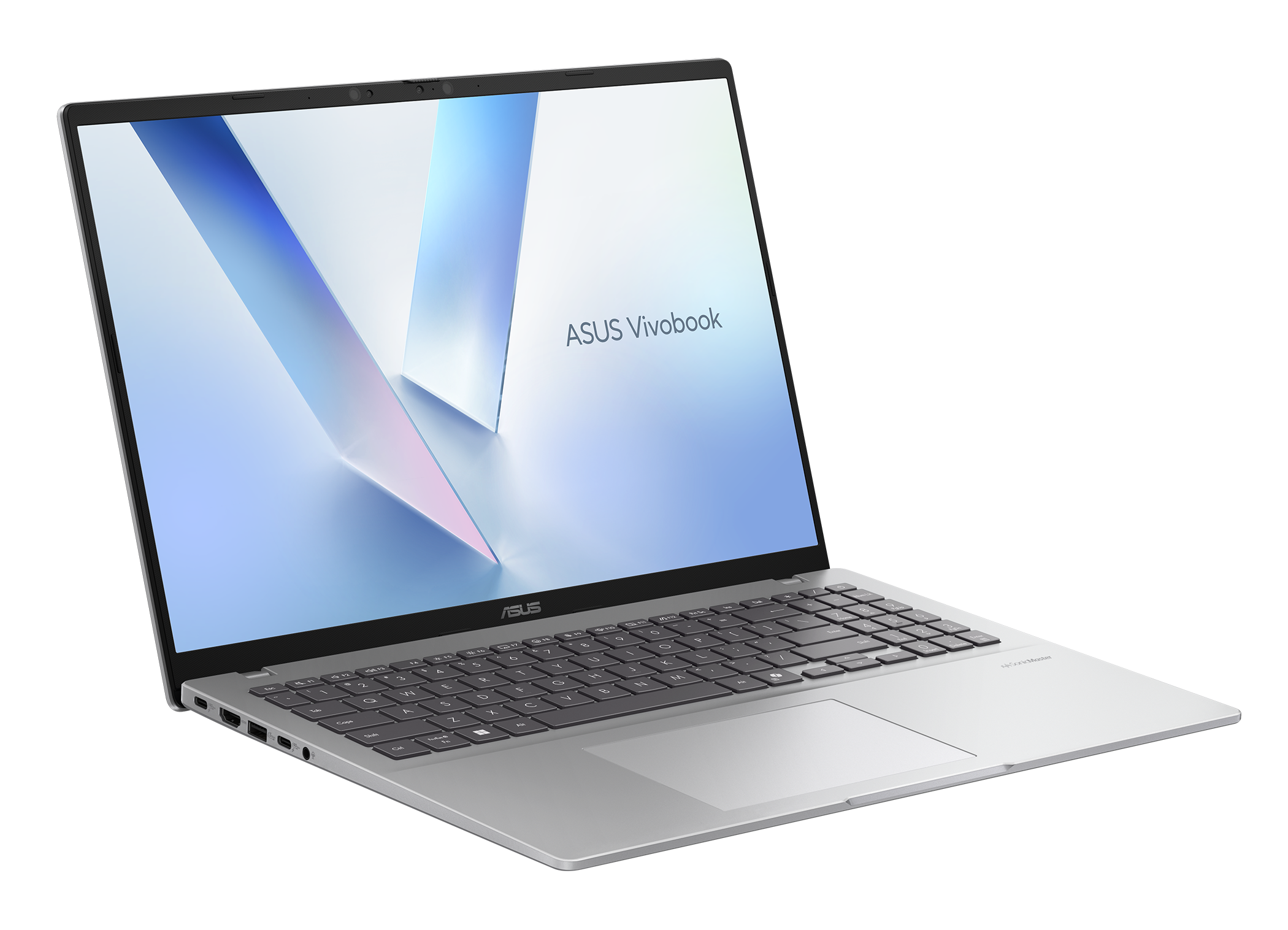 Srebrny laptop ASUS Vivobook jest otwarty na czarnej powierzchni. Ekran wyświetla biało-niebieski abstrakcyjny wzór z logo ASUS.