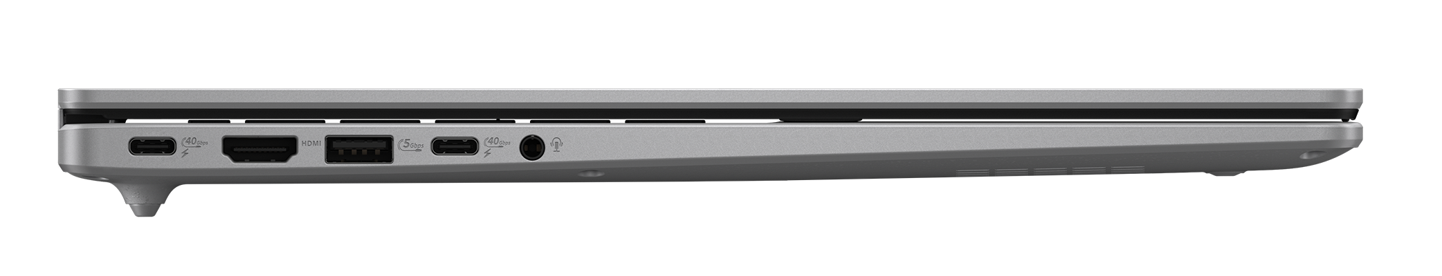 Widok z boku srebrnego laptopa. Porty obejmują USB-C, HDMI i gniazdo audio. Czarne tło.