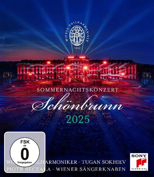 Egy koncertplakát a Schönbrunn-palotát mutatja éjszaka, a 'Sommernachtskonzert Schönbrunn 2025' szöveggel és a Bécsi Filharmonikusok logójával.