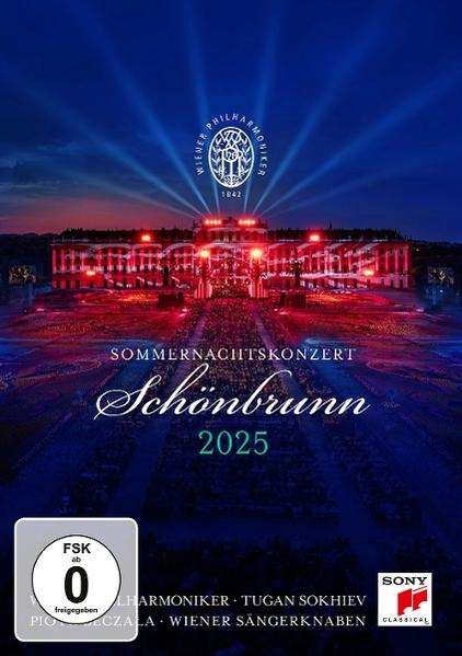 Plakát a Schönbrunni koncerthez 2025-ben. A palota pirosan van megvilágítva, előtte tömeg. A Bécsi Filharmonikusok logója felül.