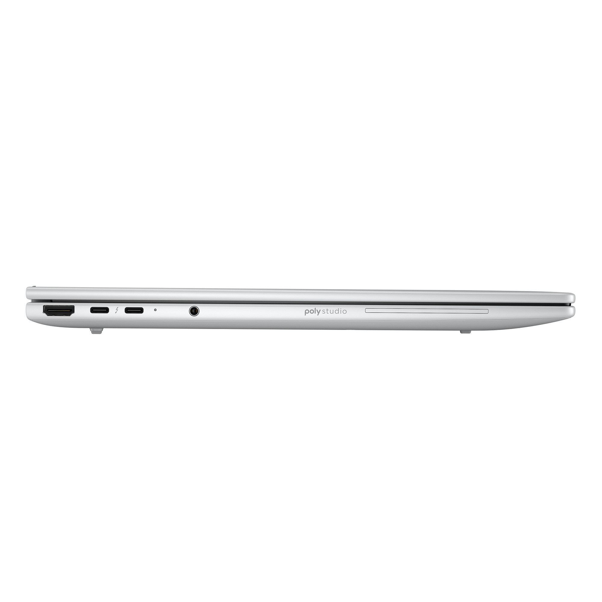 Seitenansicht eines silbernen Laptops. Anschlüsse: HDMI, USB-C, Thunderbolt und Audioanschluss. Marke 'poly studio'.