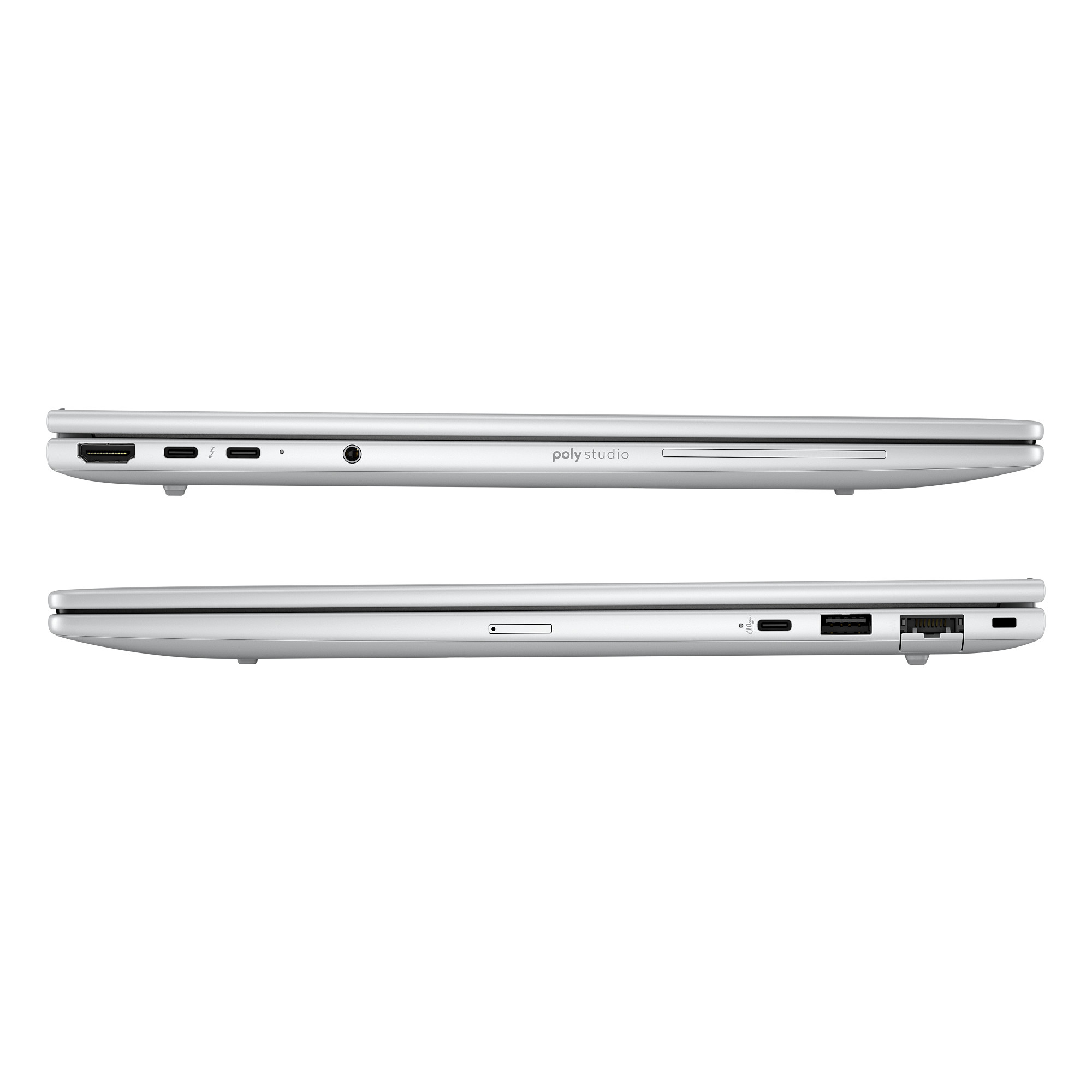 Zwei silberne Laptops Seitenansicht. Oben: Anschlüsse und Text 'poly studio'. Unten: SD-Kartensteckplatz und Anschlüsse.