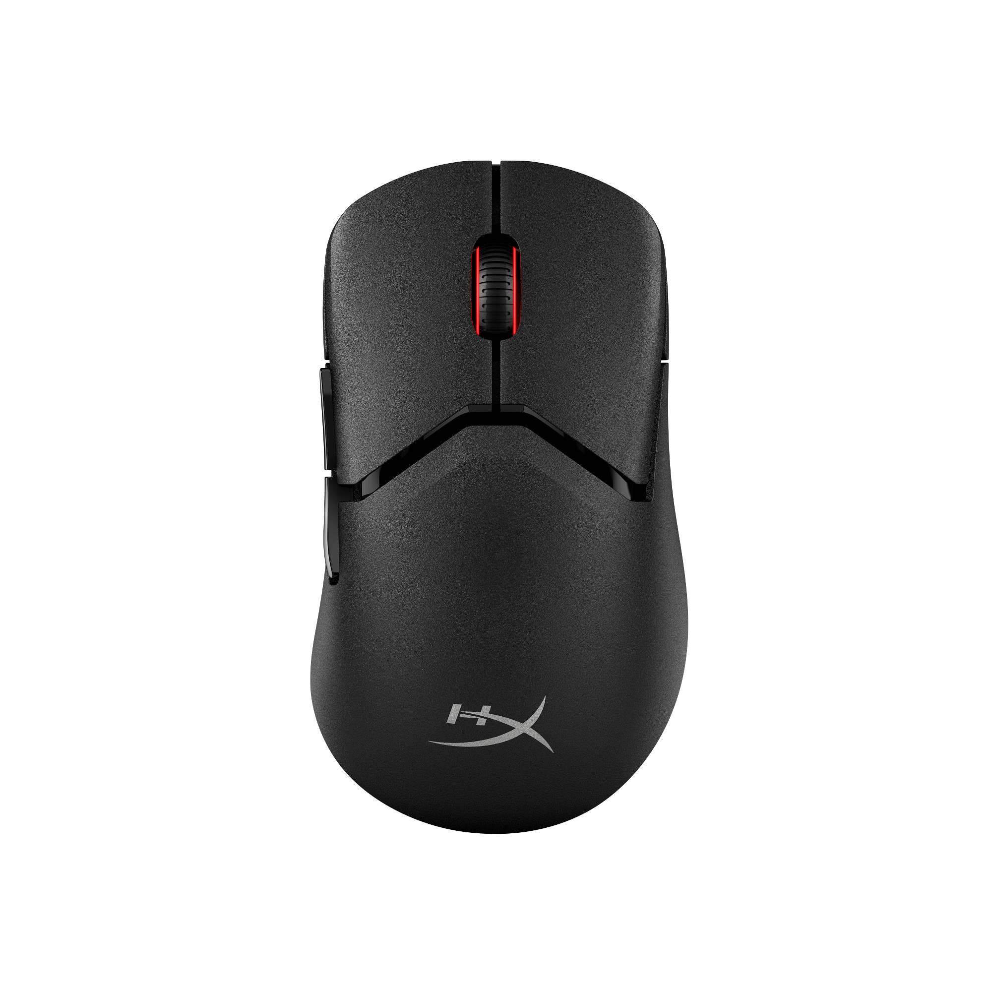 A black computer mouse, with red accents on the scroll wheel. The HyperX logo is visible.