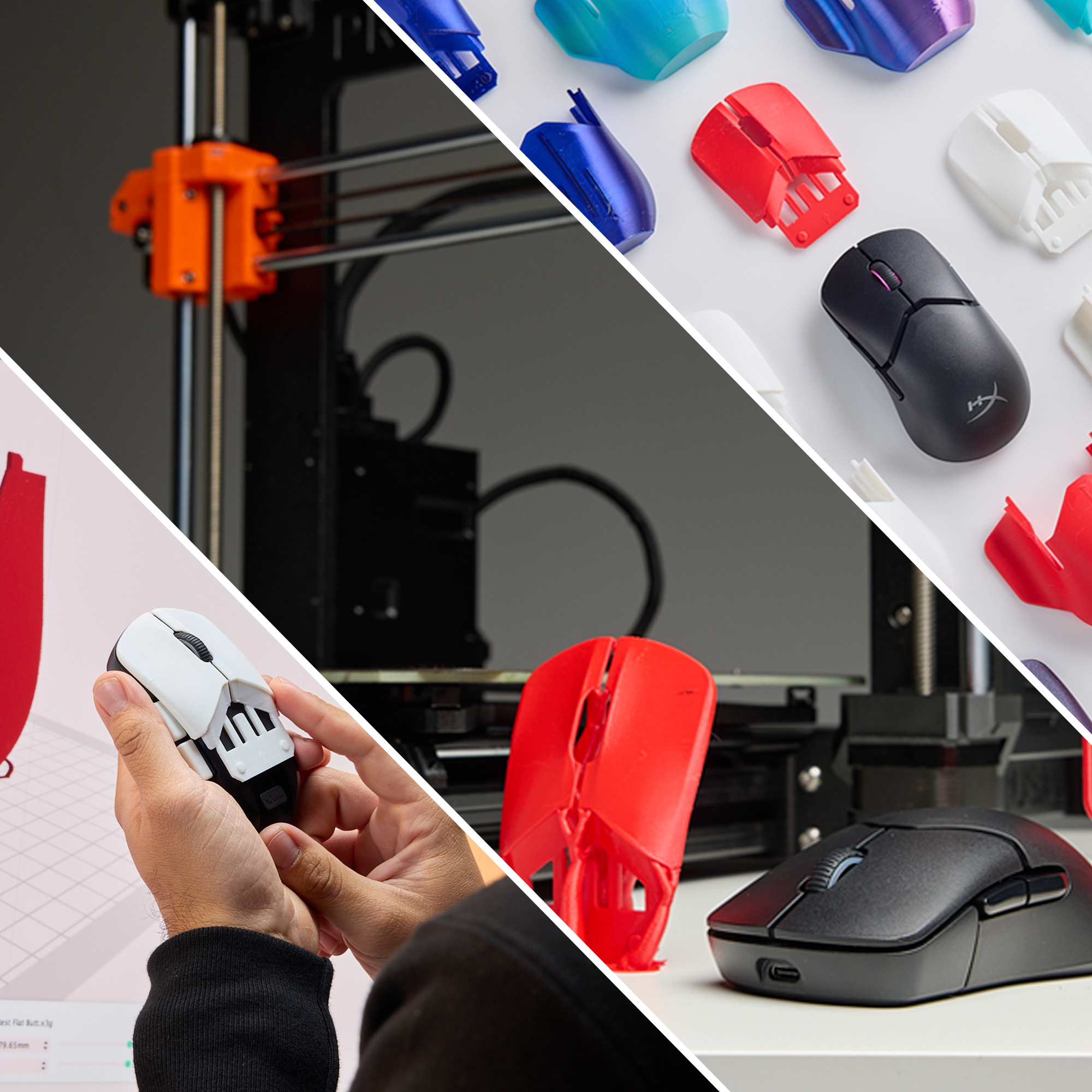Image shows 3D-printed mouse parts and a black gaming mouse. A 3D printer is in the background. Various colored parts are scattered.