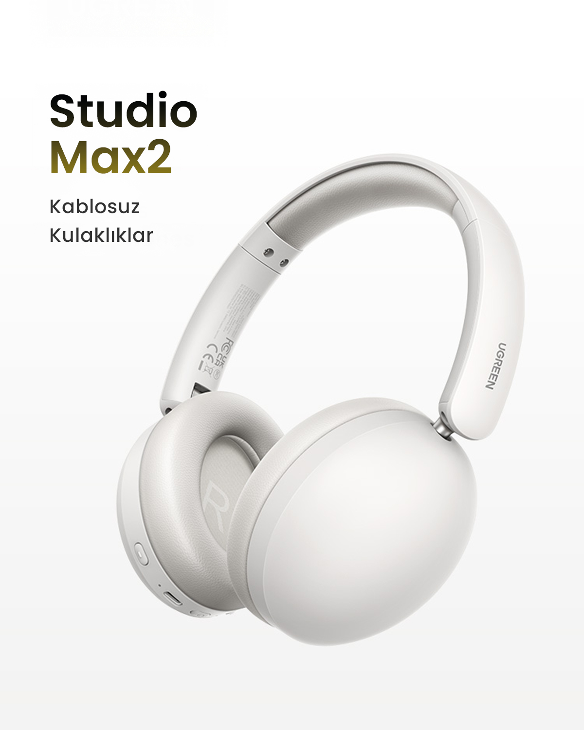 Beyaz arka planda beyaz UGREEN Studio Max2 kablosuz kulaklık. Solda Studio Max2 metni, Kablosuz Kulaklıklar.