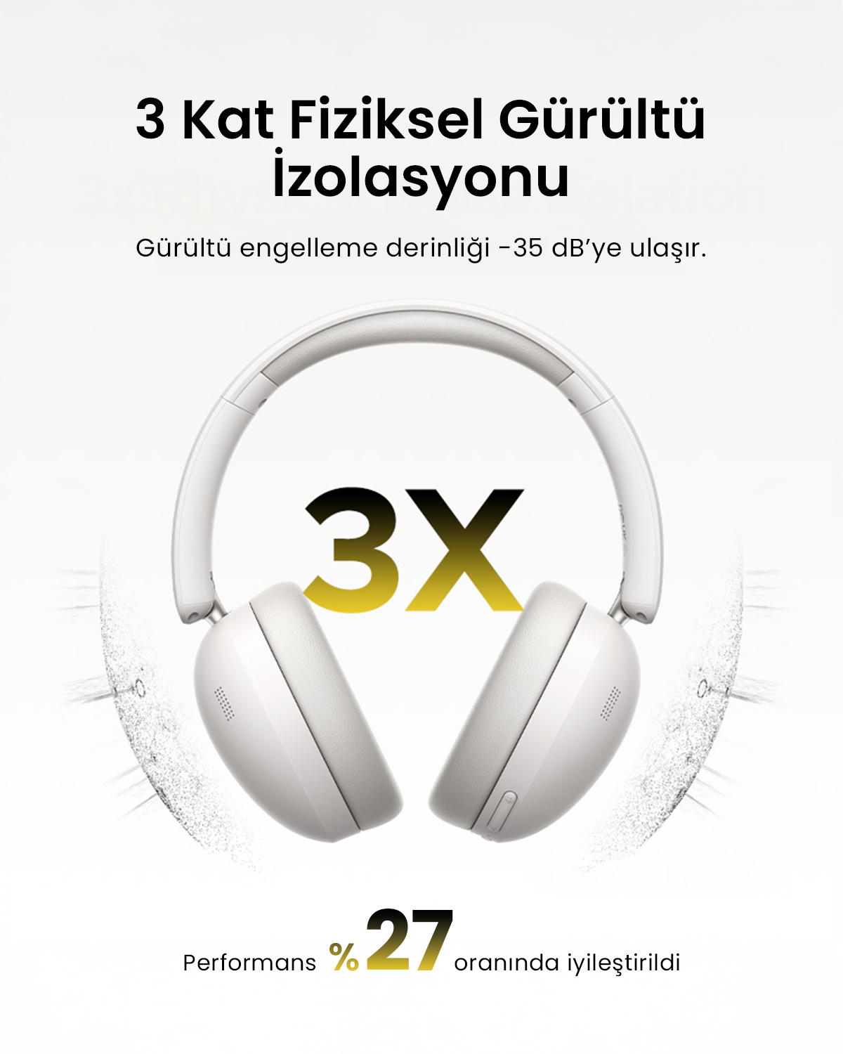 3X sembolü, gürültü izolasyonu ve %27 performans iyileştirmesi metni olan beyaz kulaklıklar.