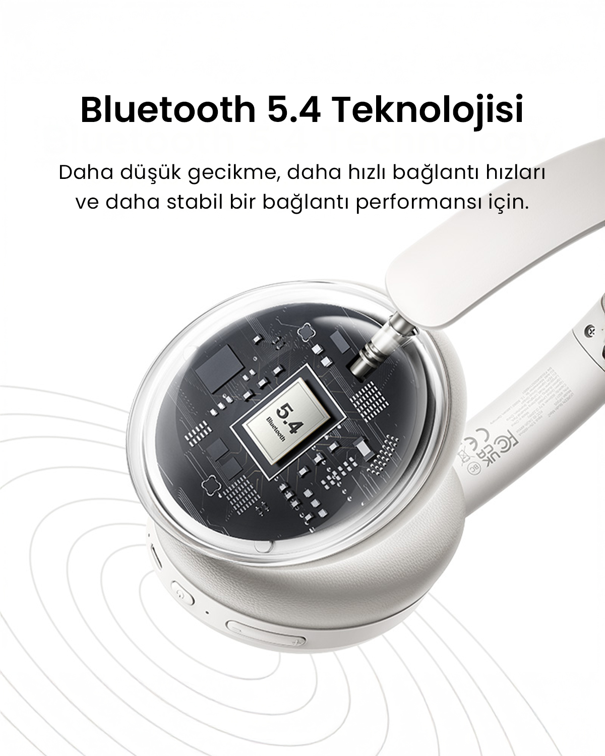 Bluetooth 5.4 teknolojisini gösteren, beyaz kulaklıklar ve devre kartı, Türkçe metinler.